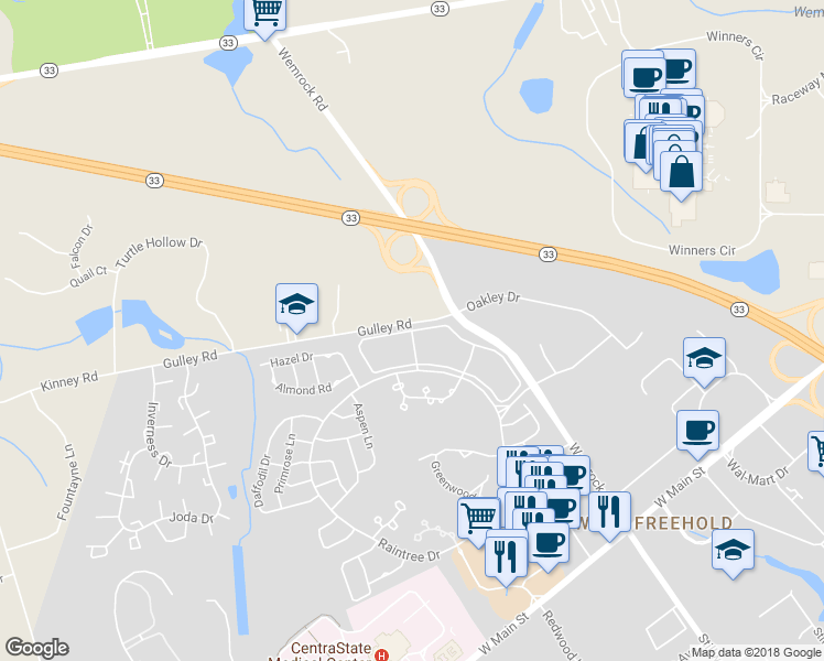 map of restaurants, bars, coffee shops, grocery stores, and more near Tulip Lane & Hyacinth Lane in Freehold