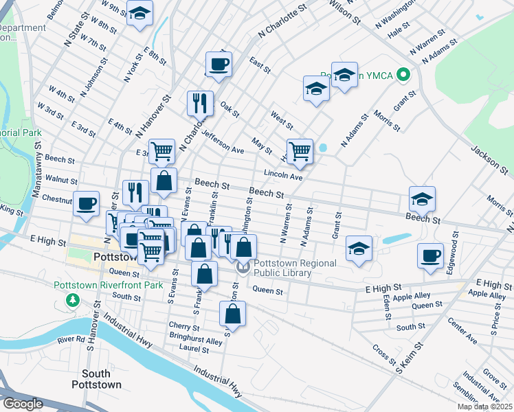 map of restaurants, bars, coffee shops, grocery stores, and more near 511 Walnut Street in Pottstown