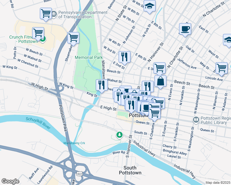 map of restaurants, bars, coffee shops, grocery stores, and more near 52 Chestnut Street in Pottstown