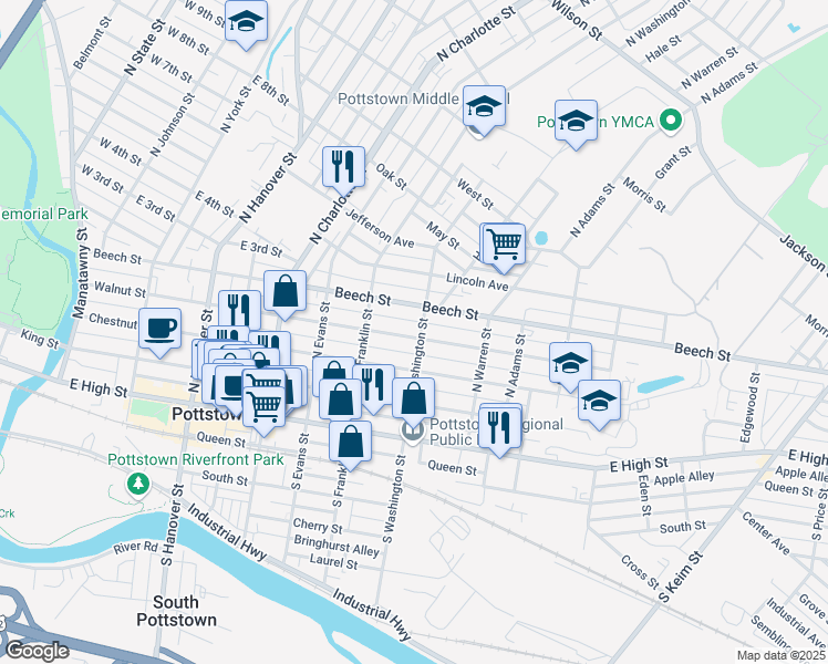 map of restaurants, bars, coffee shops, grocery stores, and more near 453 Walnut Street in Pottstown