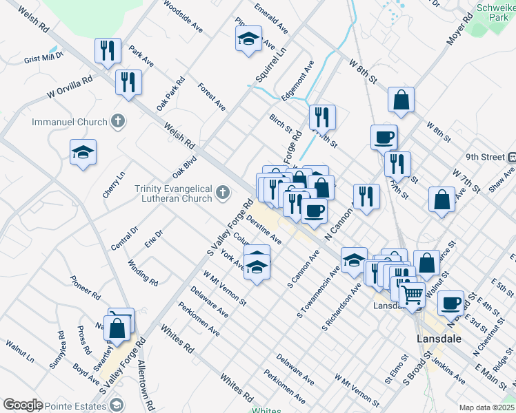 map of restaurants, bars, coffee shops, grocery stores, and more near 890 West Main Street in Lansdale