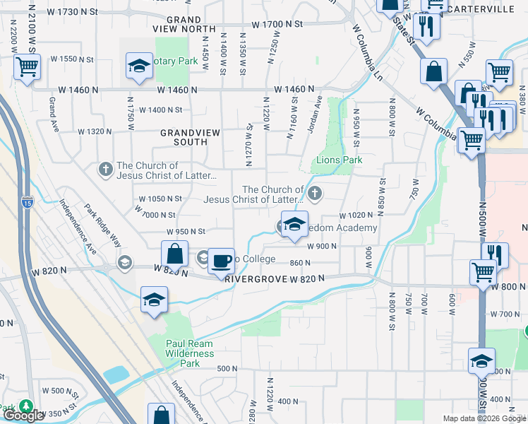 map of restaurants, bars, coffee shops, grocery stores, and more near 1240 West 1050 North Street in Provo