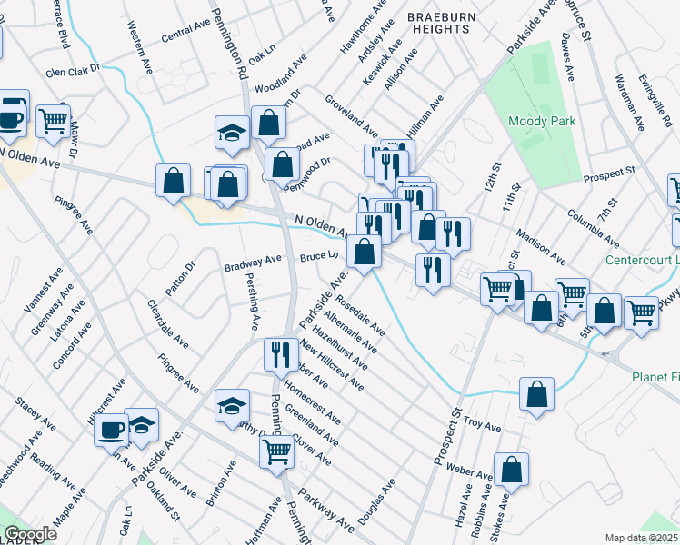 map of restaurants, bars, coffee shops, grocery stores, and more near 9 Gwendolyn Drive in Ewing Township
