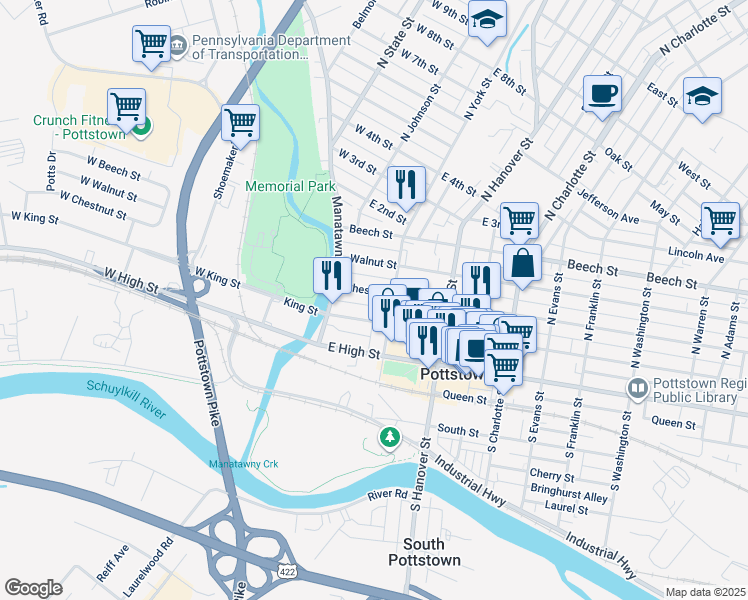 map of restaurants, bars, coffee shops, grocery stores, and more near 66 Chestnut Street in Pottstown