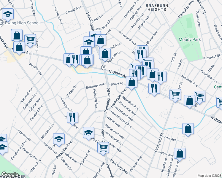 map of restaurants, bars, coffee shops, grocery stores, and more near 1472 Pennington Road in Ewing Township