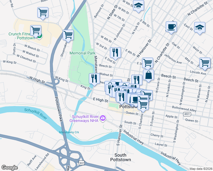 map of restaurants, bars, coffee shops, grocery stores, and more near 66 Chestnut Street in Pottstown