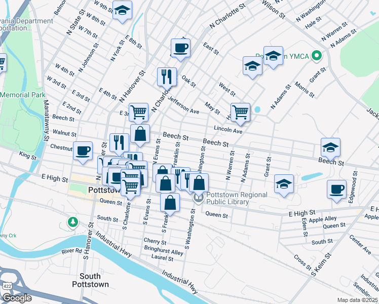 map of restaurants, bars, coffee shops, grocery stores, and more near 431 Walnut Street in Pottstown
