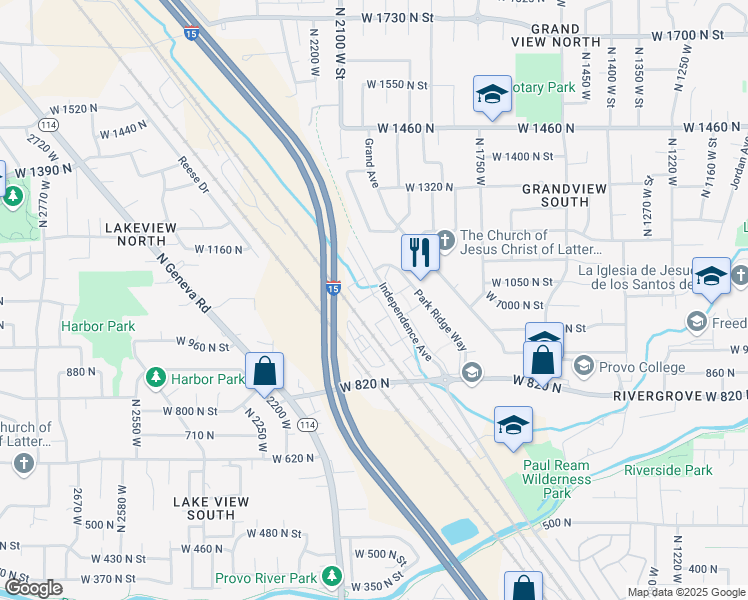 map of restaurants, bars, coffee shops, grocery stores, and more near 2043 West 1080 North in Provo