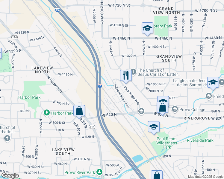 map of restaurants, bars, coffee shops, grocery stores, and more near 2043 West 1080 North in Provo