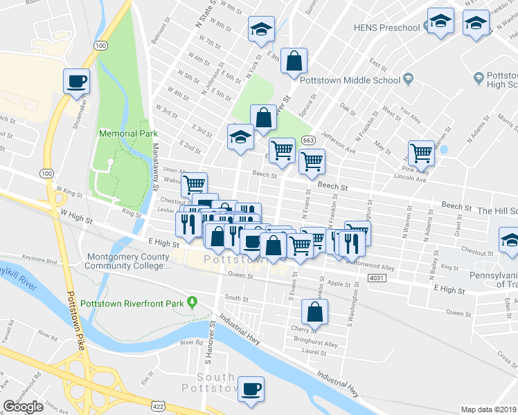 map of restaurants, bars, coffee shops, grocery stores, and more near 112 North Penn Street in Pottstown