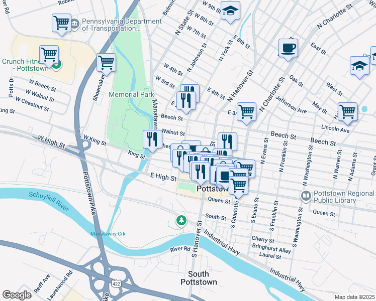 map of restaurants, bars, coffee shops, grocery stores, and more near 110 Chestnut Street in Pottstown