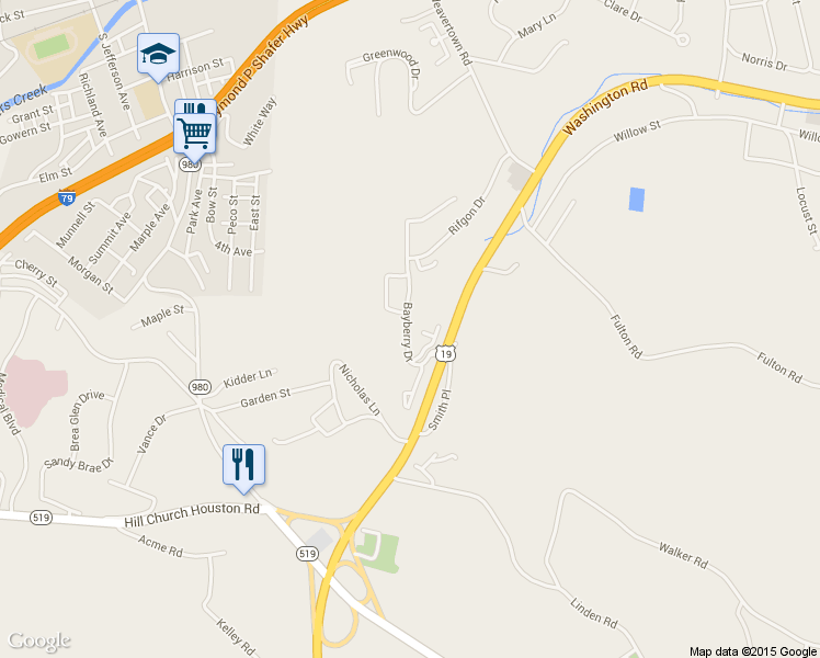 map of restaurants, bars, coffee shops, grocery stores, and more near 1062 Bayberry Drive in Canonsburg