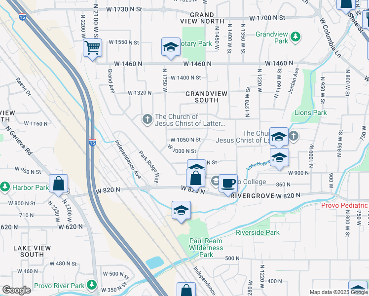 map of restaurants, bars, coffee shops, grocery stores, and more near 1620 West 1000 North Street in Provo