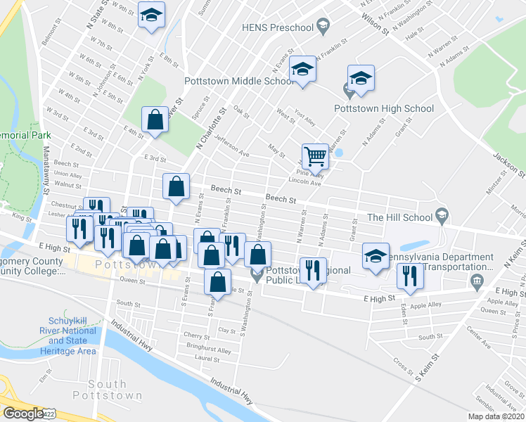 map of restaurants, bars, coffee shops, grocery stores, and more near 156 North Washington Street in Pottstown