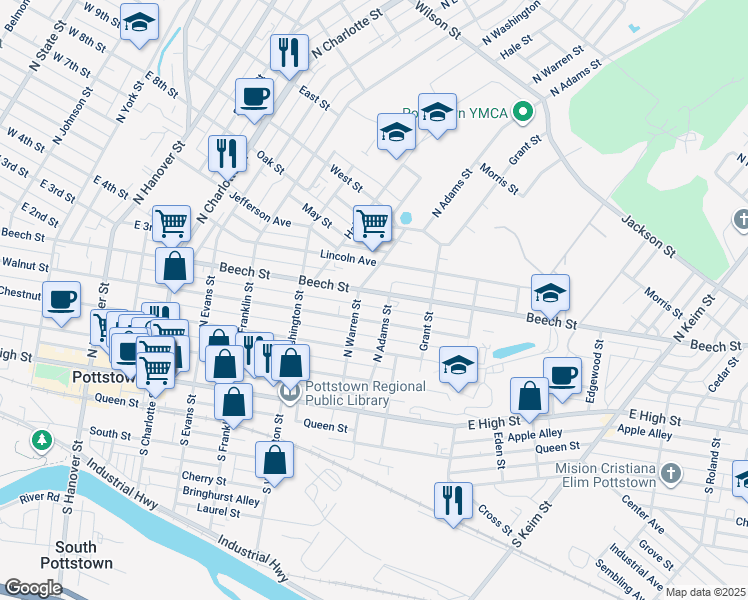 map of restaurants, bars, coffee shops, grocery stores, and more near 635 Beech Street in Pottstown