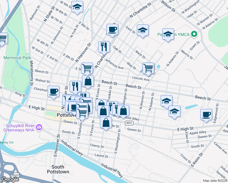 map of restaurants, bars, coffee shops, grocery stores, and more near 401 Walnut Street in Pottstown