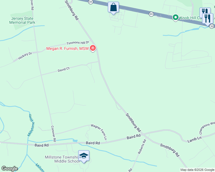map of restaurants, bars, coffee shops, grocery stores, and more near 302 Woodville Road in Millstone
