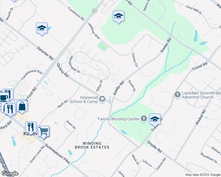 map of restaurants, bars, coffee shops, grocery stores, and more near 1615 Windsor Court in Lansdale