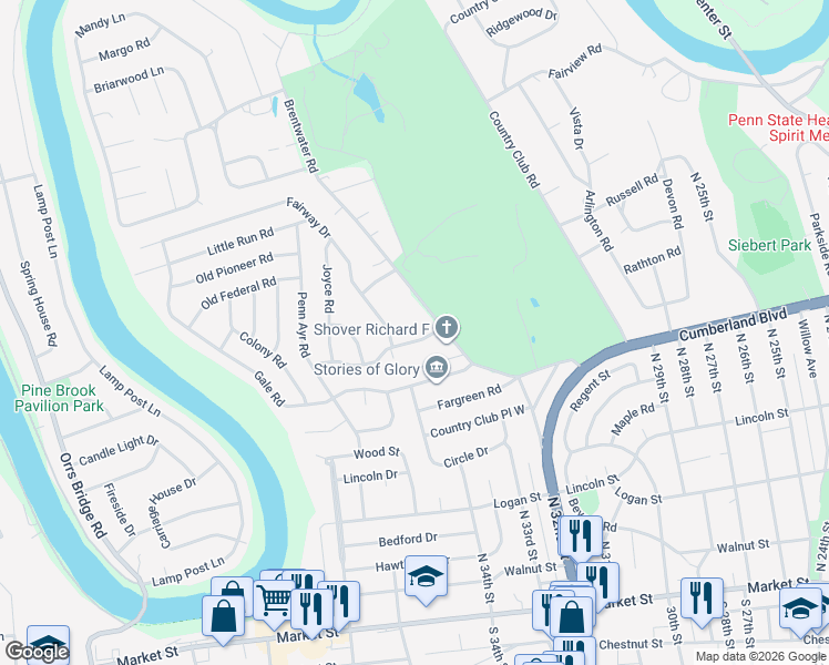 map of restaurants, bars, coffee shops, grocery stores, and more near 10 Golf View Road in Camp Hill
