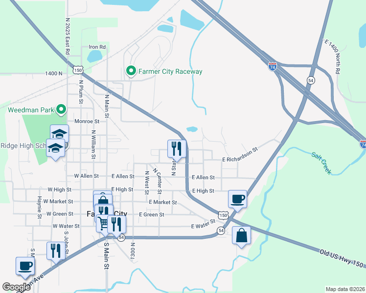 map of restaurants, bars, coffee shops, grocery stores, and more near 611 East Dodge Street in Farmer City