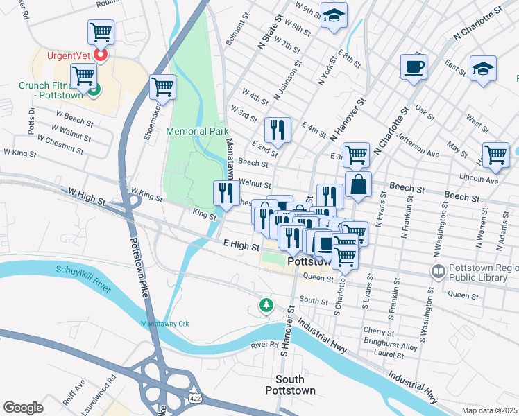map of restaurants, bars, coffee shops, grocery stores, and more near 66 Chestnut Street in Pottstown