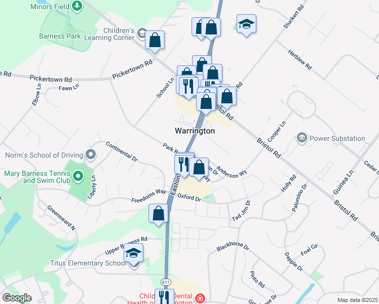 map of restaurants, bars, coffee shops, grocery stores, and more near 1221 Easton Road in Warrington