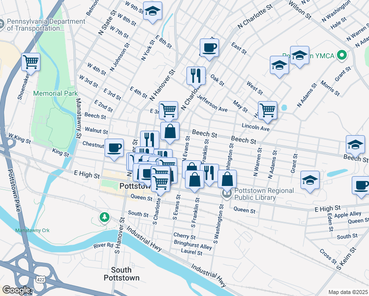 map of restaurants, bars, coffee shops, grocery stores, and more near 340 Walnut Street in Pottstown