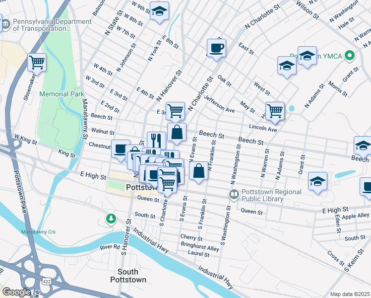 map of restaurants, bars, coffee shops, grocery stores, and more near 326 Walnut Street in Norristown