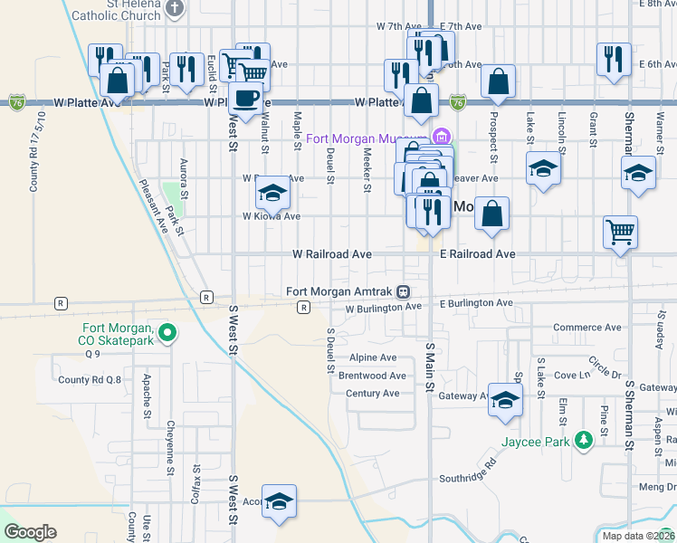 map of restaurants, bars, coffee shops, grocery stores, and more near 128 Deuel Street in Fort Morgan