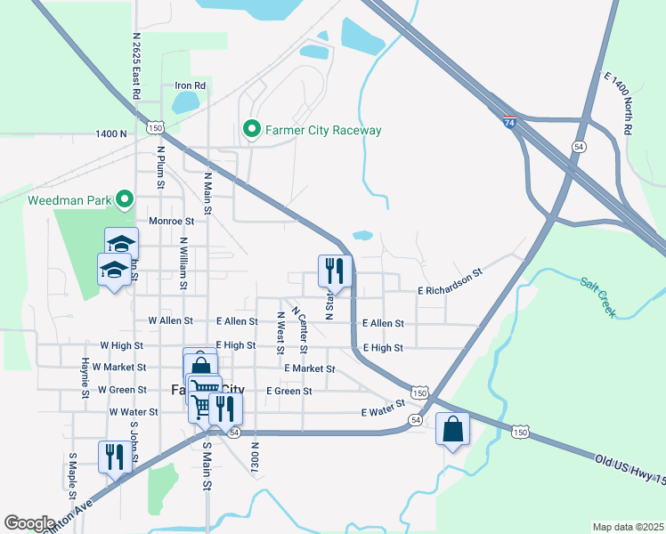 map of restaurants, bars, coffee shops, grocery stores, and more near 611 East Dodge Street in Farmer City