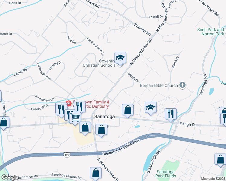map of restaurants, bars, coffee shops, grocery stores, and more near 480 North Pleasantview Road in Pottstown