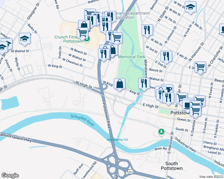 map of restaurants, bars, coffee shops, grocery stores, and more near 100 West King Street in Pottstown