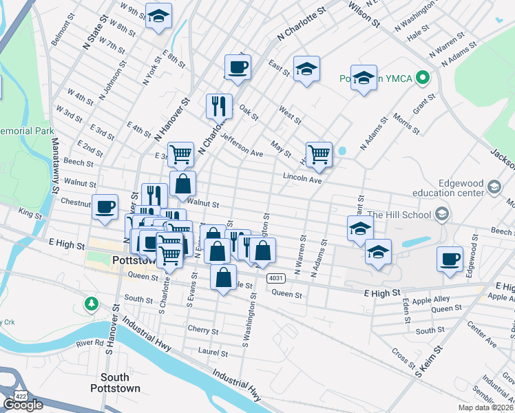 map of restaurants, bars, coffee shops, grocery stores, and more near 443 1/2 Walnut Street in Pottstown