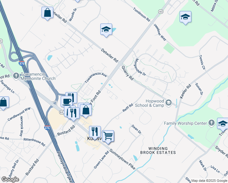 map of restaurants, bars, coffee shops, grocery stores, and more near 110 Williamsburg Way in Lansdale