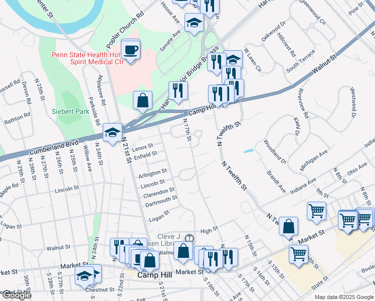 map of restaurants, bars, coffee shops, grocery stores, and more near 101 Hilltop Court in Camp Hill