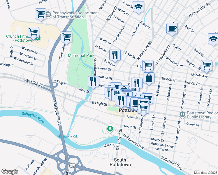 map of restaurants, bars, coffee shops, grocery stores, and more near 62 Chestnut Street in Pottstown