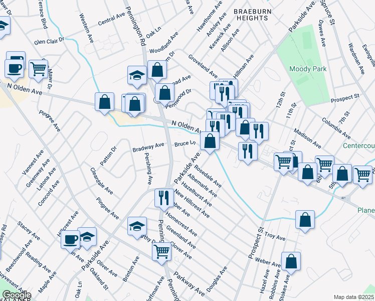 map of restaurants, bars, coffee shops, grocery stores, and more near 9 Gwendolyn Drive in Ewing Township