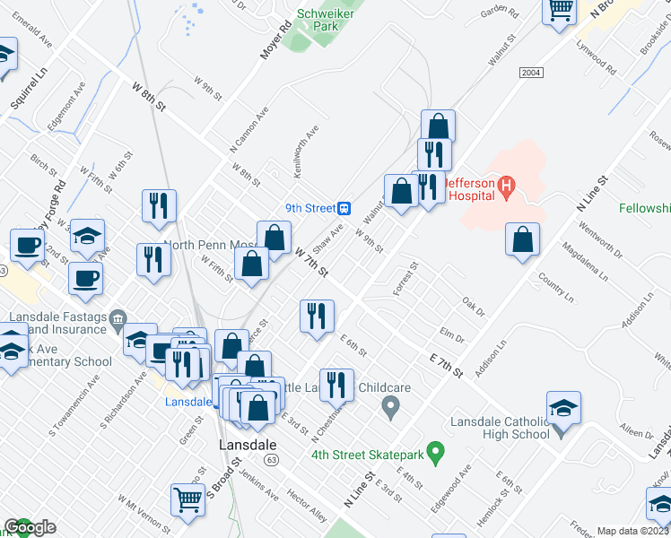 map of restaurants, bars, coffee shops, grocery stores, and more near 715 Walnut Street in Lansdale