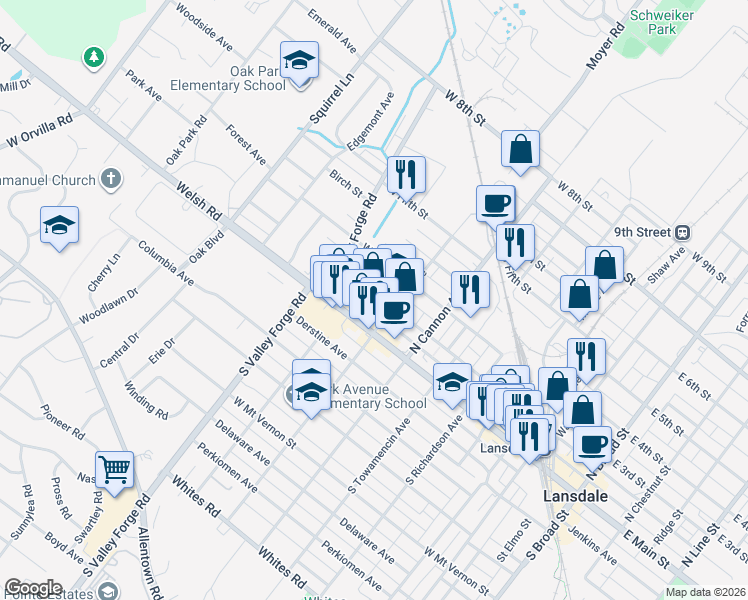 map of restaurants, bars, coffee shops, grocery stores, and more near 810 West 2nd Street in Lansdale