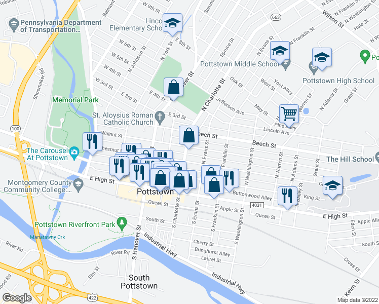 map of restaurants, bars, coffee shops, grocery stores, and more near 120 North Charlotte Street in Pottstown