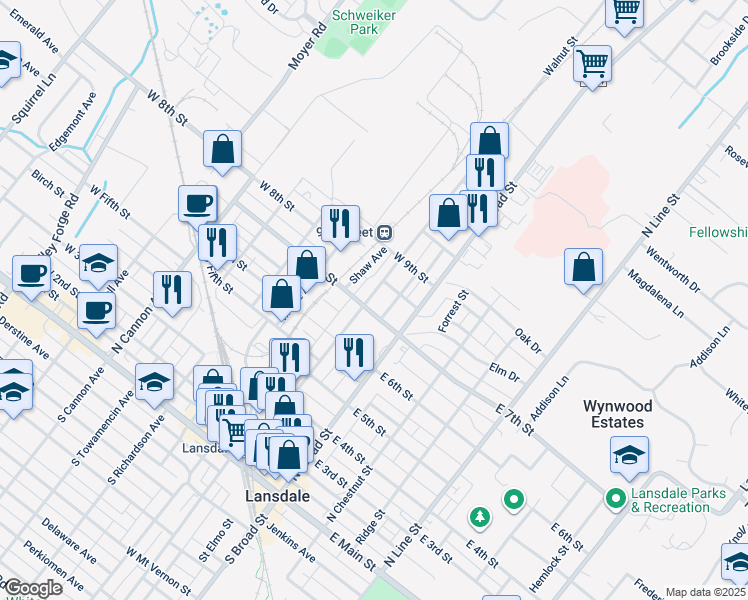 map of restaurants, bars, coffee shops, grocery stores, and more near 715 Walnut Street in Lansdale
