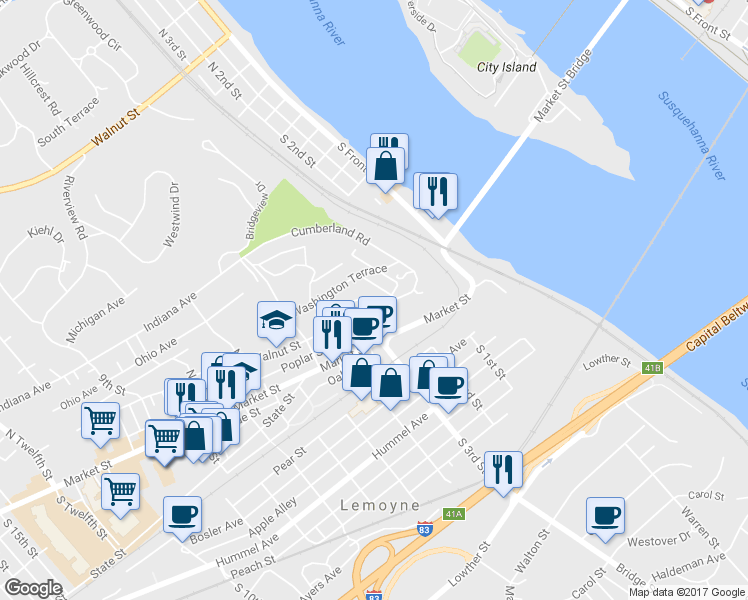 map of restaurants, bars, coffee shops, grocery stores, and more near 233 Walnut St in Lemoyne