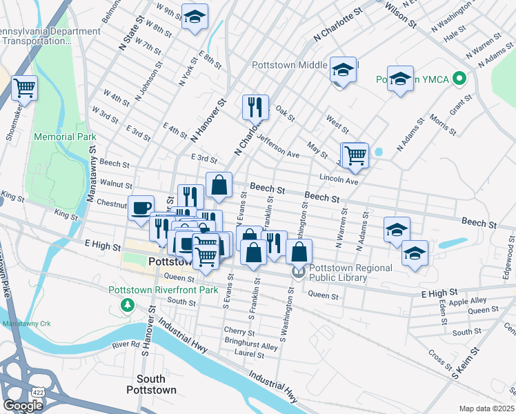 map of restaurants, bars, coffee shops, grocery stores, and more near 366 Walnut Street in Pottstown