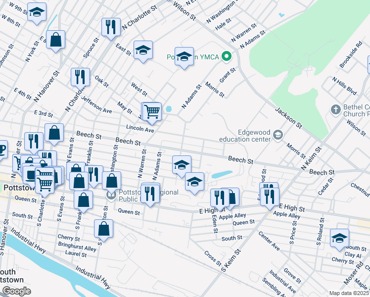 map of restaurants, bars, coffee shops, grocery stores, and more near 705 Beech Street in Pottstown