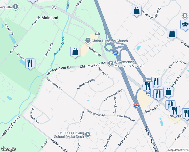 map of restaurants, bars, coffee shops, grocery stores, and more near 107 Ridge Wood Way in Harleysville