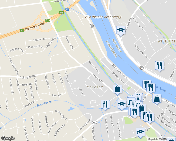 map of restaurants, bars, coffee shops, grocery stores, and more near 171 North Main Street in Yardley