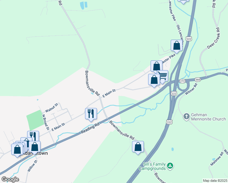 map of restaurants, bars, coffee shops, grocery stores, and more near 281 East Main Street in Adamstown
