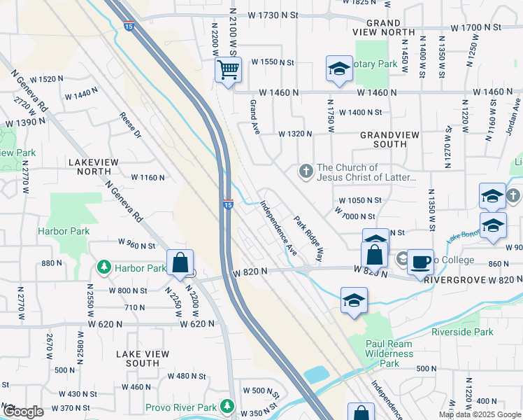 map of restaurants, bars, coffee shops, grocery stores, and more near 1073 Independence Avenue in Provo