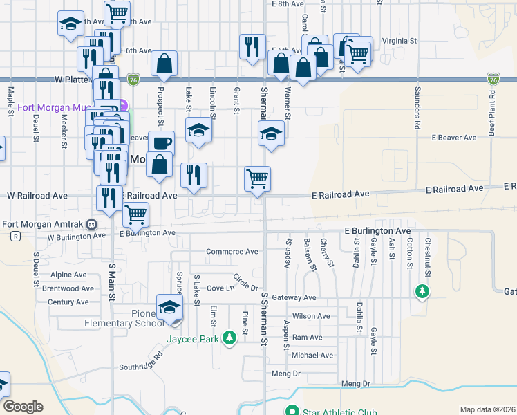 map of restaurants, bars, coffee shops, grocery stores, and more near 113 Sherman Street in Fort Morgan