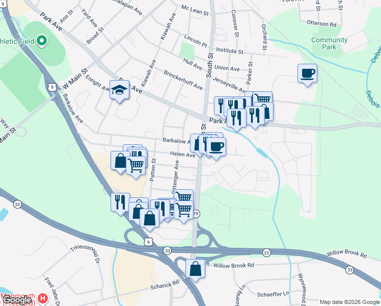 map of restaurants, bars, coffee shops, grocery stores, and more near 3 Helen Avenue in Freehold